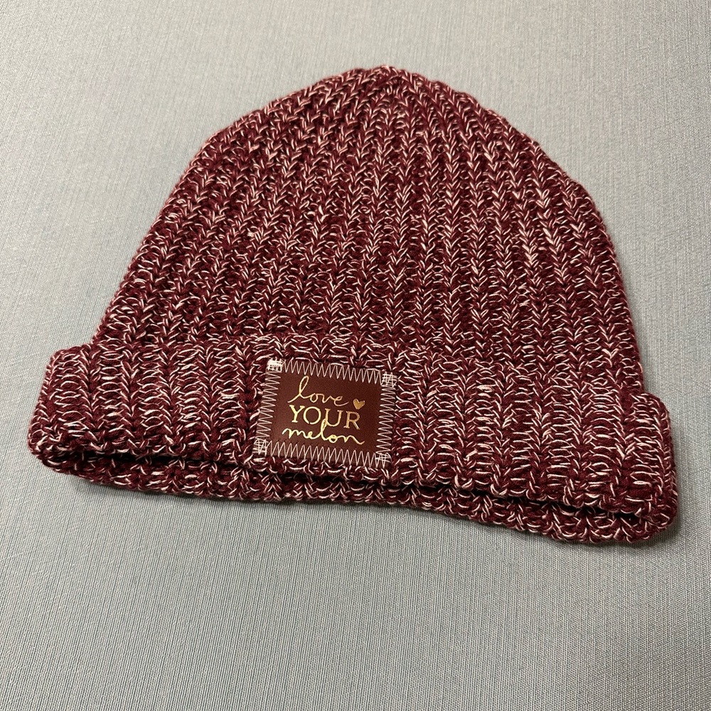 Maroon/Cranberry and White Love Your Melon Cuffed Beanie - Brown Gold Foil Patch